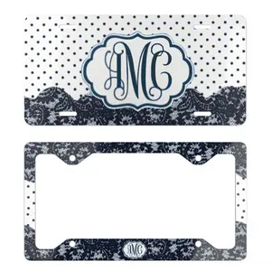 Navy Polka Dot Lace Monogram License Plate Set, Custom Initial Car Tag Frame, Personalized Vintage Car Decor, Gift for Women