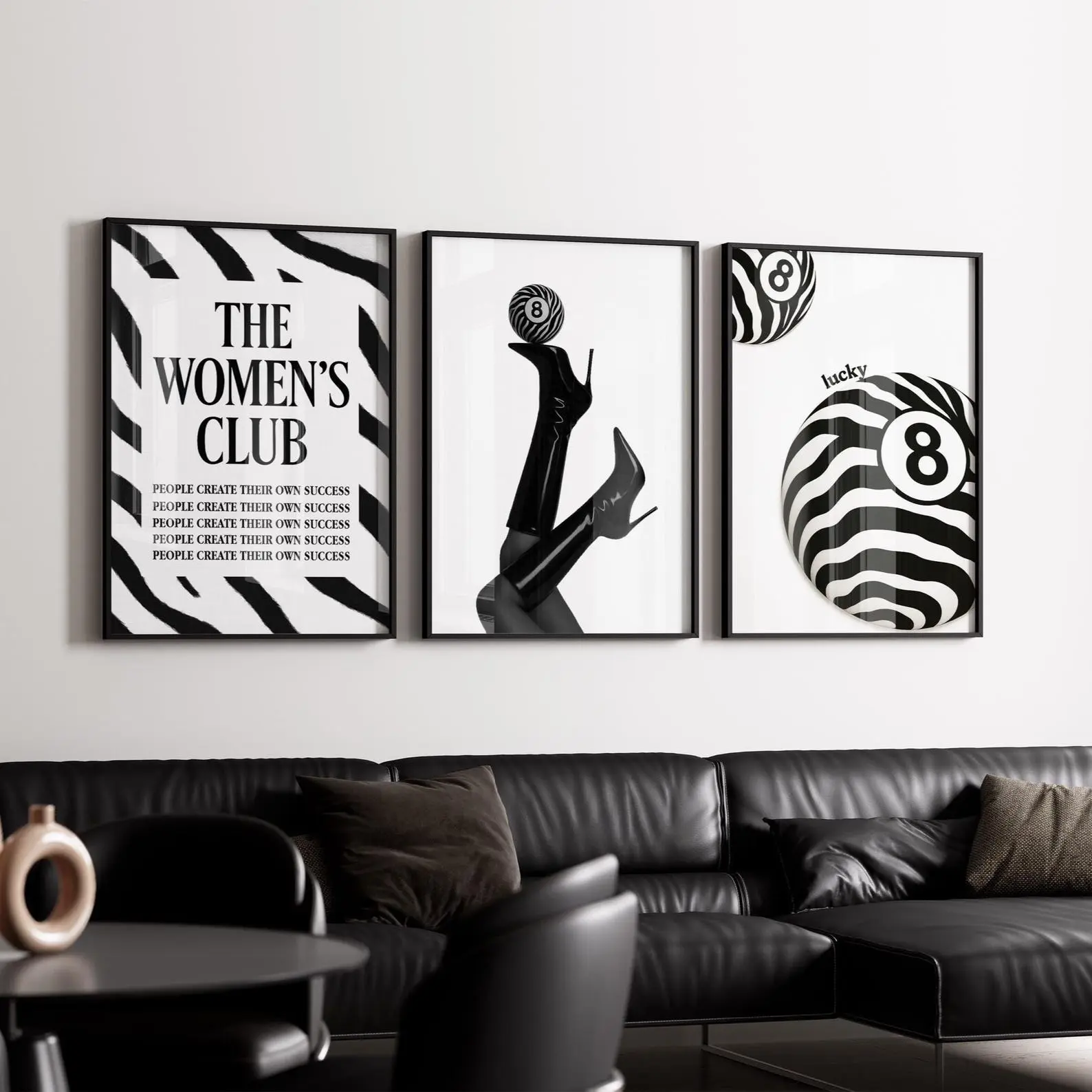 Set of 3 Black and White Posters | Zebra Print Luxury Club Wall Art | Retro 8 Ball Funky Prints | Y2K Fashion Aesthetic Modern Decor