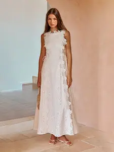 LikeMyChoice 2026Delicate Lace Hook And Lace Up Sides Maxi Dress - Soft Premium Fabric, Sleeveless, Floral Decorated, Fitted Waist, Perfect for Casual Outings & Beach Vacations weddingguestdress