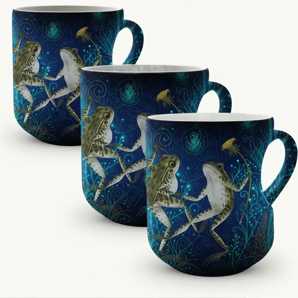 Exquisite Heat-Sensitive Ceramic Mug with Enchanting Frog Dance Illustration on a Glowing Blue Background - A Perfect Gift for Christmas, Valentine’s Day, Birthdays, and More! Stylish and Fun Coffee Cup That Changes Color with Temperature, Adding M