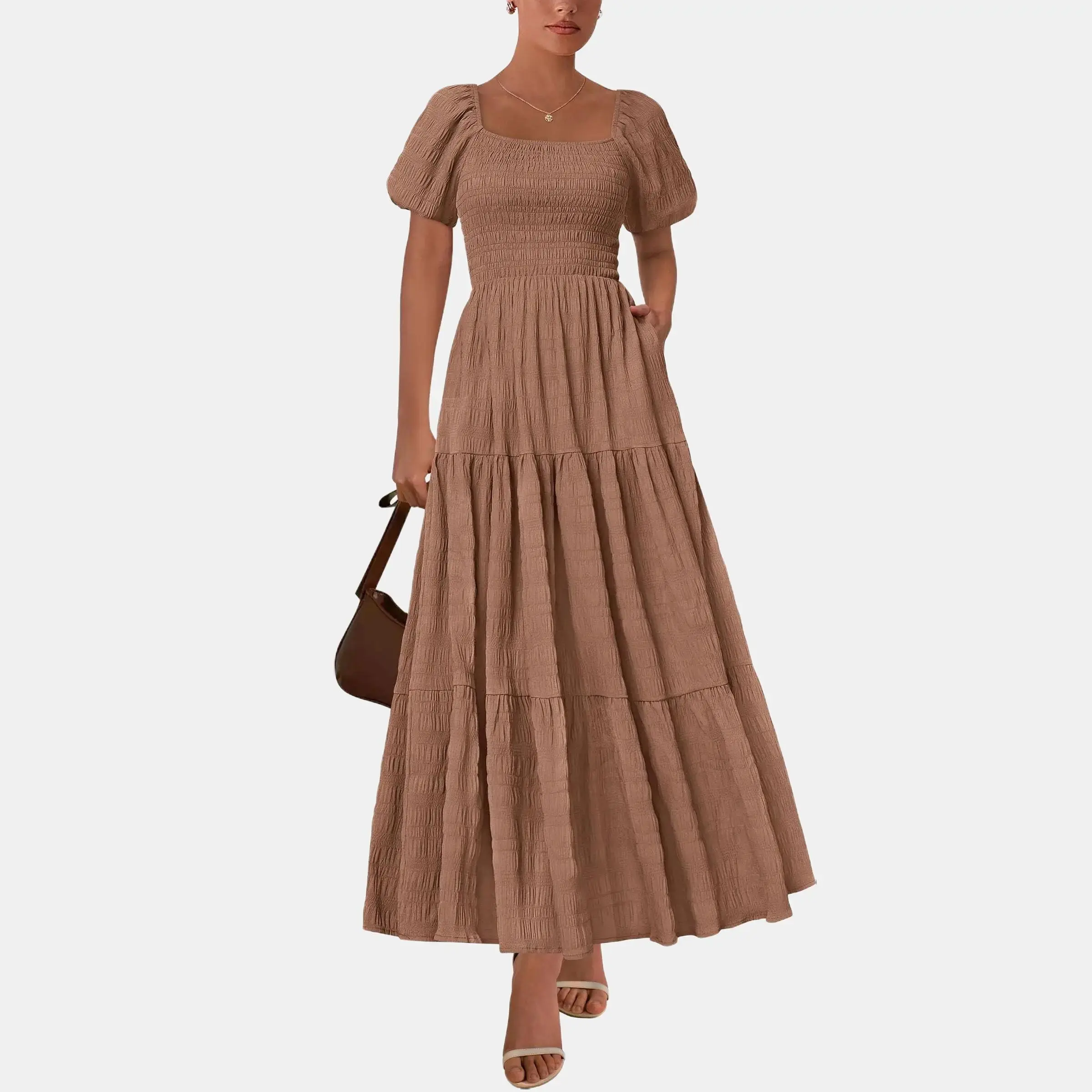 PRETTYGARDEN Women's Summer Puff Short Sleeve Maxi Dress Square Neck Smocked Tiered Ruffle A Line Long Flowy Beach Dresses with Pockets - Casual Shortsleeve Bohemian