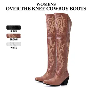 CYNLLIO Womens Over the Knee Cowboy Boots Square Toe Chunky Block High Heel Chic Embroidered Side Zipper Closure Comfy Fashionable Concert Party Outing Dating Holiday Dance Dress Spring Summer Tall Western Cowgirl Boots