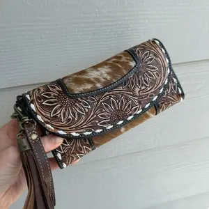 Western Cowhide Leather Tooled Wallet, Hand painted western wallet, Cowhide western wallet, leather hand tooled wallet, western wallet