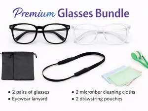 Premium Glasses Bundle - 2 Pairs Trendy Shiny Black Frames & Square Frames Eyeglasses + 6 Accessories | Includes Eyewear Strap, Pouches, Microfiber Cloths | Stylish Eye Protection Set