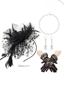 women Tea Party Fascinators Hats Lace Gloves Pearl Necklace Set for Wedding 1920s Tea Party Accessories