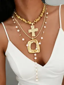 Women's Vintage Fashion Geometric Square Cross Pendant Necklace Set, Faux Pearl Beaded Hollow Out Design, Exaggerated Irregular Charm Jewelry