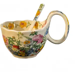 16.91oz/500ml Handpainted Soup Bowl with Handle,Ceramic Cereal Bowl Microwave &Dishwasher Safe,Loop Handle Bowl  for Soup,Yogurt,Snack,Chip,Stew,Ice Cream,Coffee (Peony)