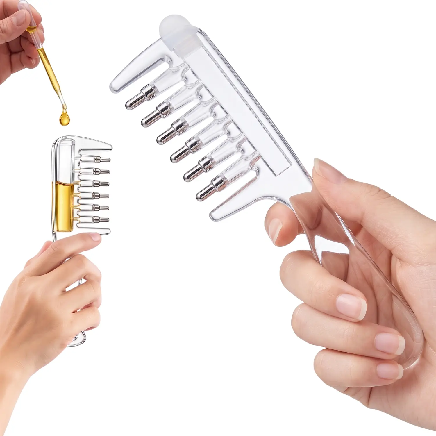 Refillable Scalp Oil Applicator Comb, Hair Serum Applicator with 7 Roller Ball Tips, Clear Liquid Reservoir, Dropper & Protective Cover for Hair Care at Home, Salon & Travel