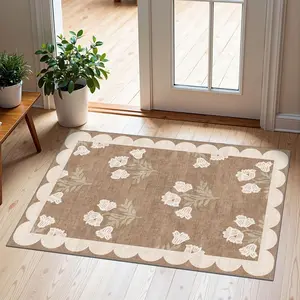 2x3 Floral Non-Slip Washable Front Door Mat, Indoor Outdoor Entrance Doormat, Tan Neutral Farmhouse Scalloped Small Throw Rug for Entryway Kitchen Front Porch Decor