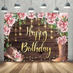 Western Rural Theme Birthday Banner Decoration, Floral Glitter Wooden Background, Indoor Outdoor Family Party Supplies, Flower