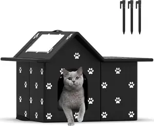 Outdoor  House Weatherproof, Large Feral  House for Winter, Collapsible Outdoor Cats Shelter in Winter with Door and Soft Mat, Easy to Assemble (Black)