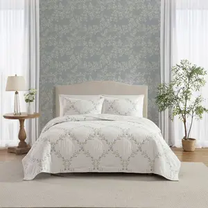 Laura Ashley 2pc Twin Floral Embroidery Quilt Bedding Set Blue
