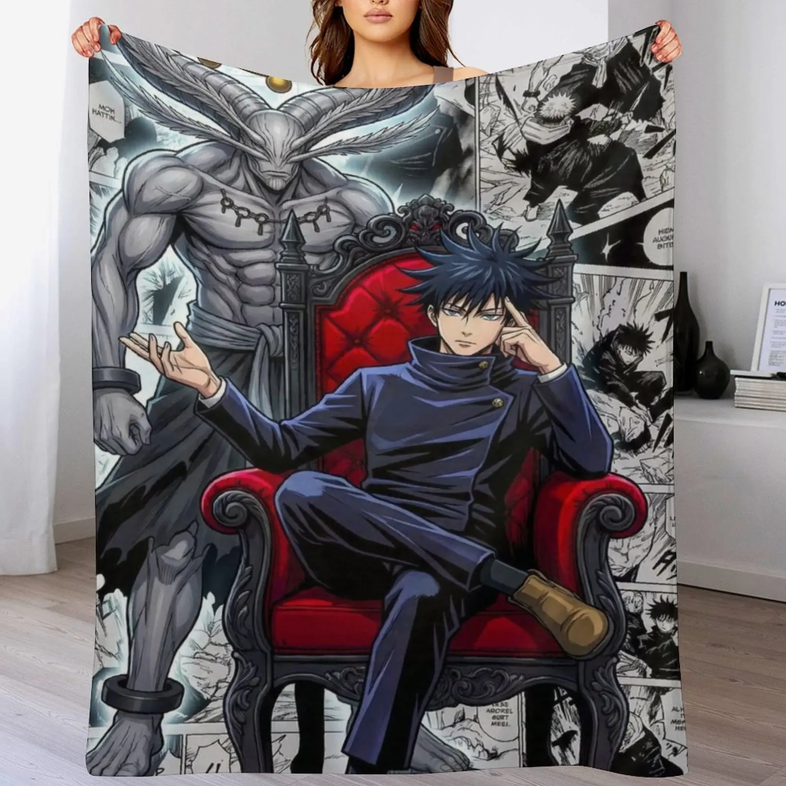Jujutsu Kaisen Megumi Fushiguro Flannel Throw Blanket, Black Hair Anime Sorcerer Print Fleece Blanket, Cozy Warm Blanket for Anime Fans Bedroom Couch