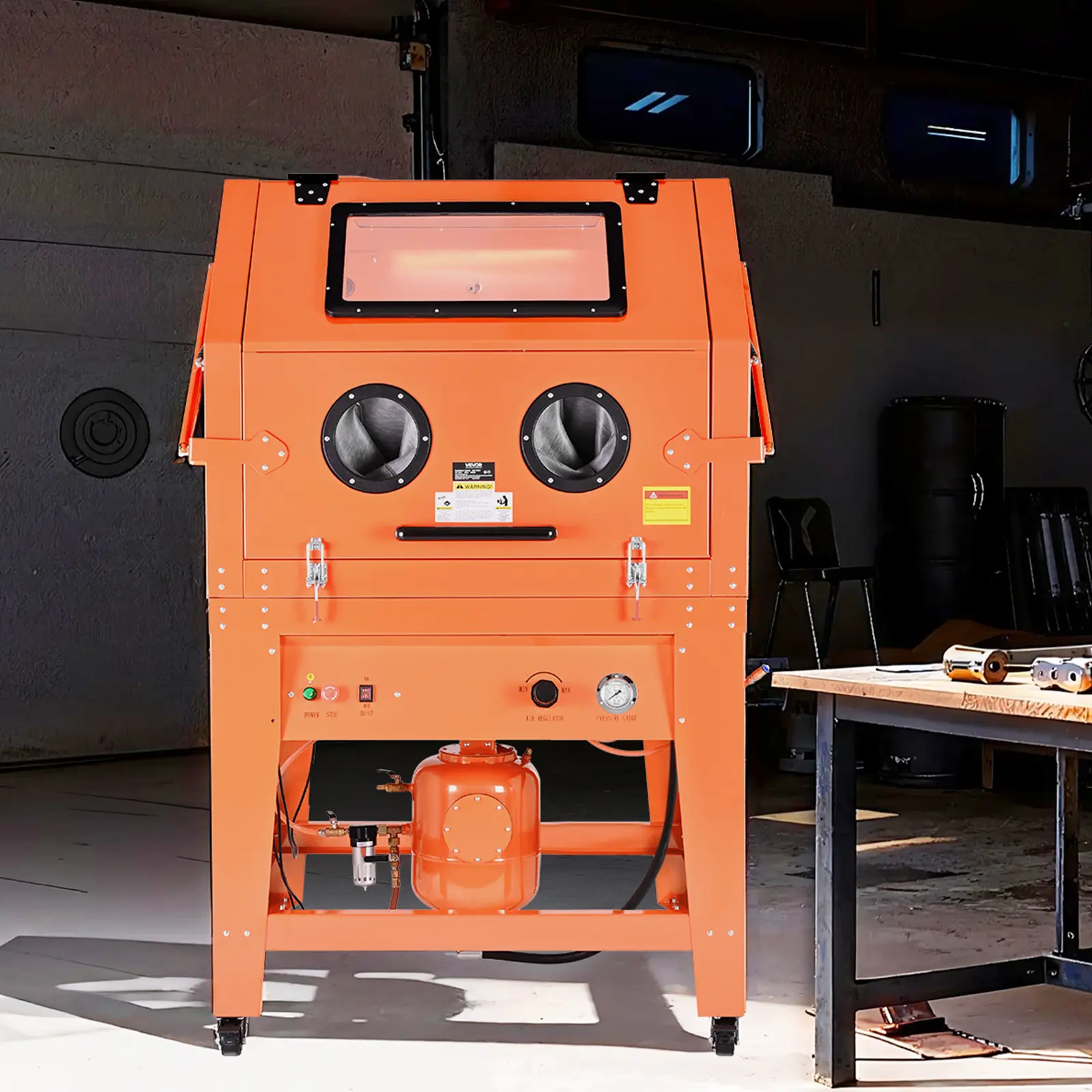 VEVOR 115 Gallon / 245 Gallon Sandblasting Cabinet, Heavy Duty Steel Sand Blasting Cabinet with 31-Gallon / 32 Gallon Media Hopper, Dual Blasting Guns & 1.6HP Dust Collector for Oversized Parts Surface Finishing, Rust Removal