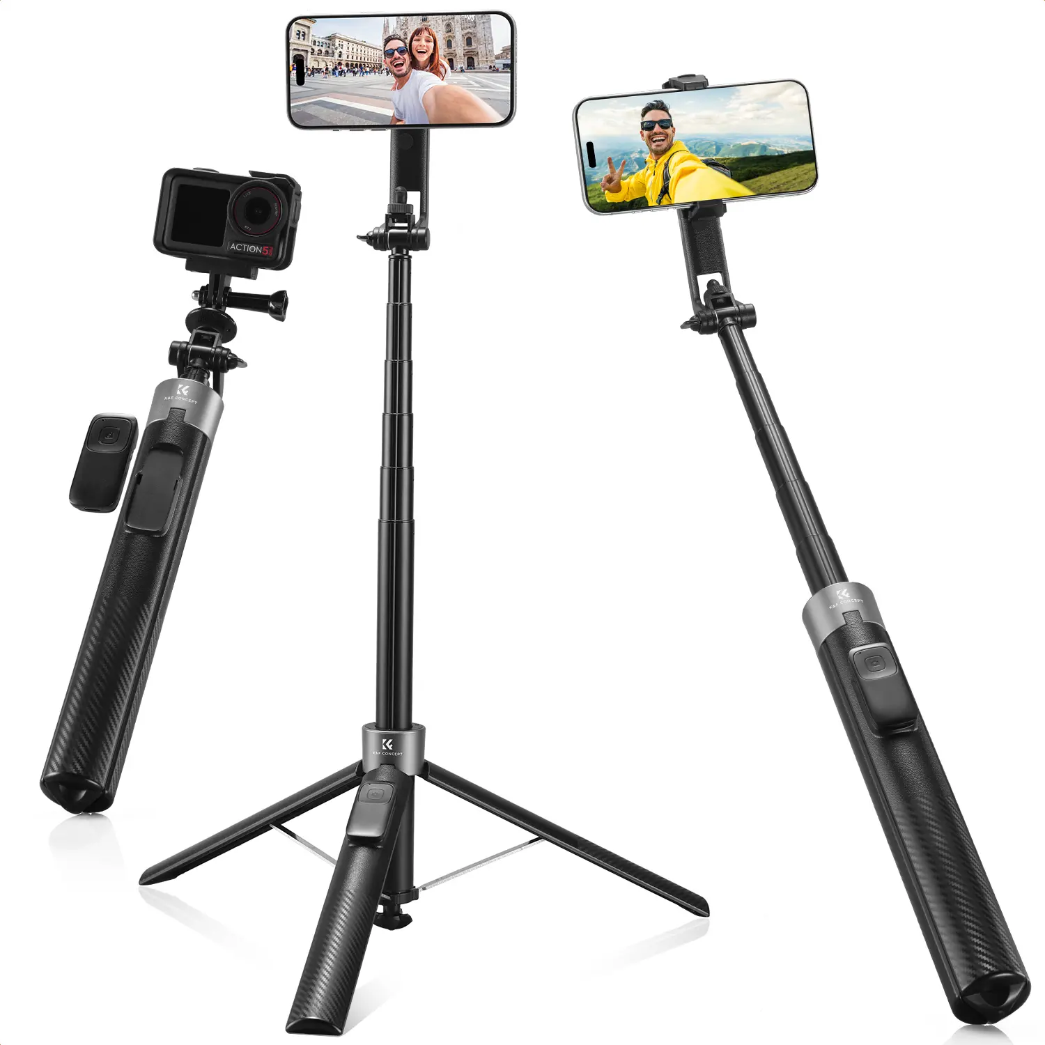 【DealsForYouDays】K&F CONCEPT 72" Adjustable 3-in-1 Selfie Stick Tripod with Clip, Magnetic Design, Bluetooth Remote, Lights, Lanyard & 1/4" Screw Port, Wide Compatibility for iPhone 17-12/Android, Ideal for Travel & Live Streaming