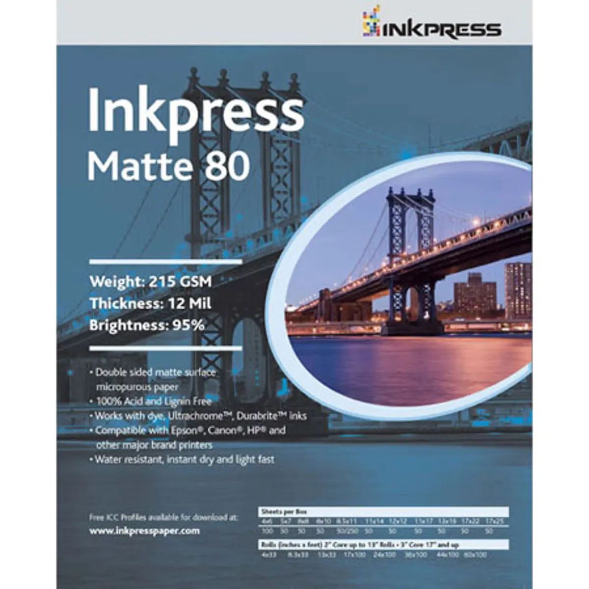 Inkpress Duo Matte 80 Inkjet Paper, 215 gsm Weight, 12 mil Thickness, 95% Brightness, Double Sided, 11x17", 50 Sheets