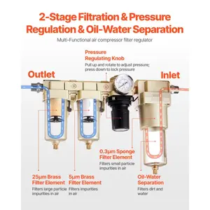 fathersdaygift VEVOR Air Compressor Filter Regulator Combo, 1/2 NPT 3-Stage 25m 5m 0.3m Compressed Air Drying System with Micron Filters Oil-Water Separator, Semi-Auto Drain, 175PSI Max Working Pressure