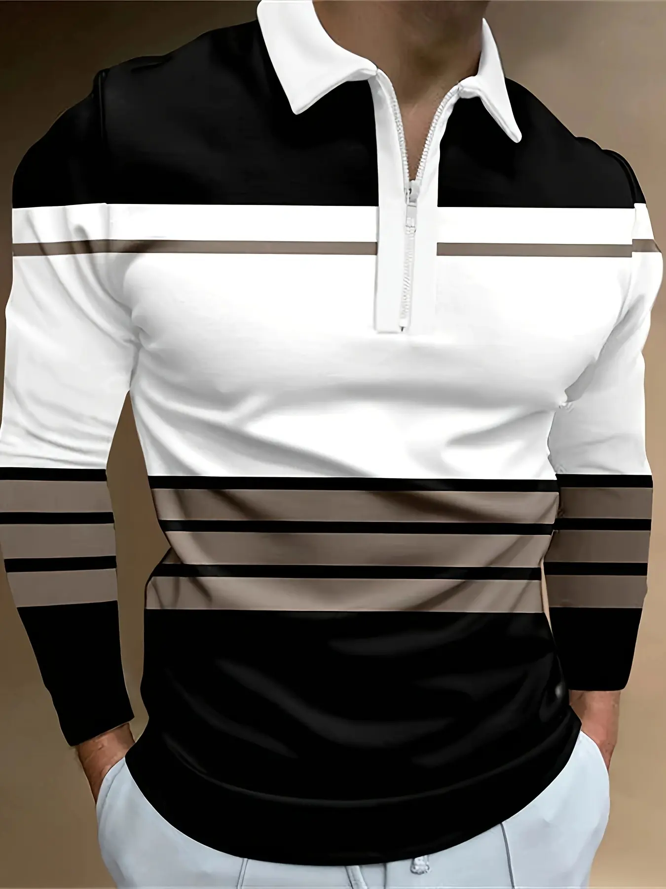 Men's Fitted Striped Long-Sleeve Polo Shirt - Basics, Zipper Collar, Zipper Closure, Suitable for Spring & Autumn, Thanksgiving, New Year