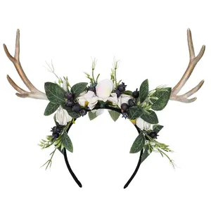 Horns Headband - Flower Antler Hairband Woodland Reindeer Headpiece with Berries for Prom Renaissance Halloween  Accessory