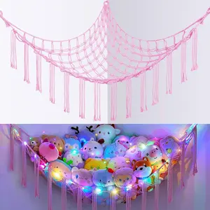 Stuffed Animals Net or Hammock with LED Light, Hanging Stuffed Animals Storage Hammock Net Corner Wall Girls Room Decor Storage Organizer, Pink, L