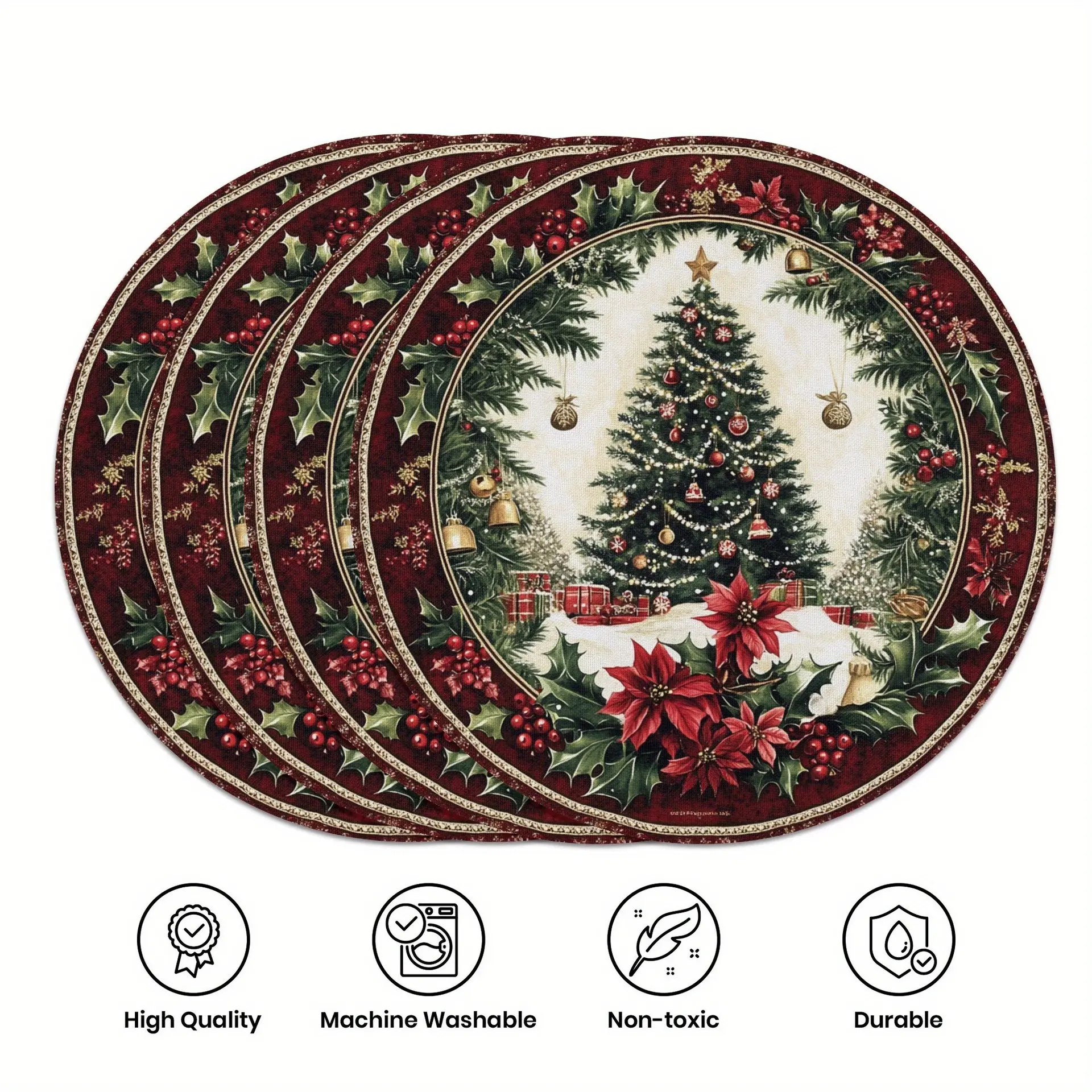 8 Pack Christmas Round Placemats 15 Inch, Santa Snowflake Tree Holiday Dining Table Mats, Polyester Fabric Christmas Table Decor for Family Dinner Party Home Decoration