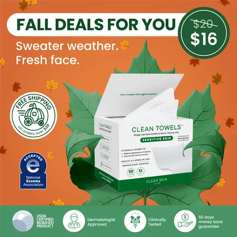 Clean Skin Club Clean Towels® XL Sensitive Skin | Ultra-Soft Disposable Face Towel Infused with Aloe & Glycerin | Dermatologist-Approved, Single-Use Towelette for Sensitive & Reactive Skin, 50 count