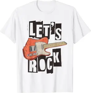 Lets Rock Electric Guitar Music Lover Graphic Tee T Shirt Retro Band Style Tee for Men Women Cool Graphic Tee Good Graphic Tees Casual Street Style Tee 90s Graphic Tees Trendy Mens T Shirts Guitar Player Gift Tee Music Fan Shirt