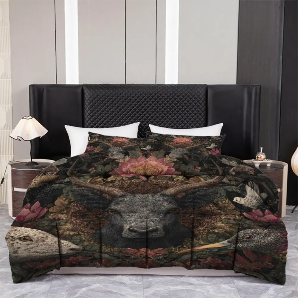 3pcs (1 comforter + 2 pillowcases) Dark Academia Mystical Wildlife Floral Bedding Set, All-Season Soft Warm Microfiber, Hypoallergenic Wrinkle & Fade Resistant Easy-Care, Queen/King/Full Size, Artistic Vintage Print for Bedroom Guest Room