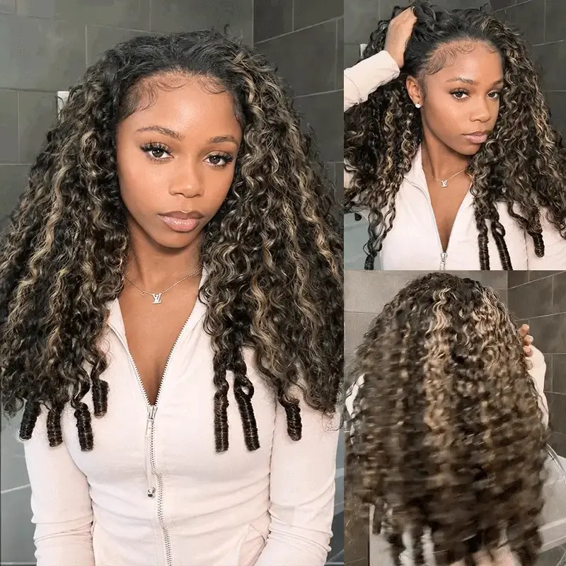 Tinashe Balayage Highlight Burmese Curly Half Wig With Spiral Curly Ends Highlight Brown Afro Kinky Curly Flip Over Human Hair Wig