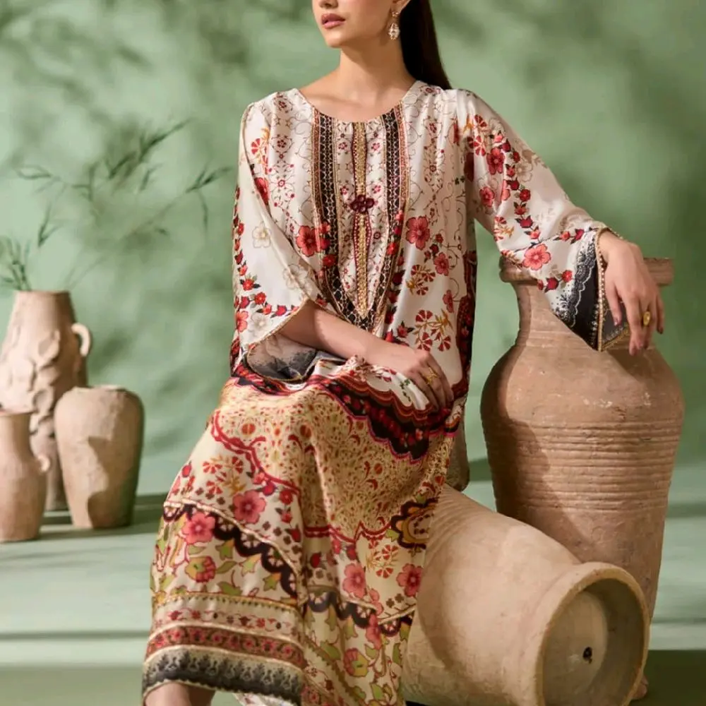 2pc stitched silk kaftan 50 inch length beautiful printed article for casual and partywear very elegant and comfortable