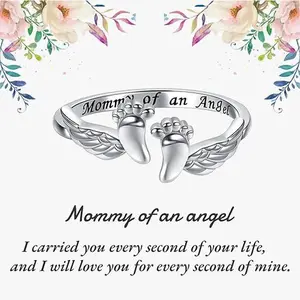 Letter & Wing Design Cuff Ring Elegant All-match Fashion Accessories for Daily Wear Personalized Angel Ring Engraved Ring Thoughtful Gift for Mommy of an Angel