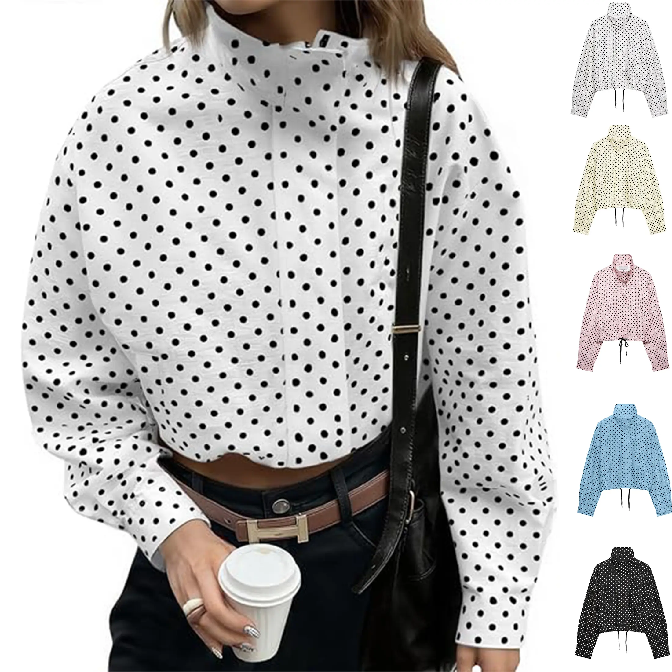 Wandal 2026 Trendy Women Cropped Polka Dot Zip Coat Stand Collar Drawstring Hem Lightweight Casual Jacket With Pockets Spring Fall Daily Fashion Outfits