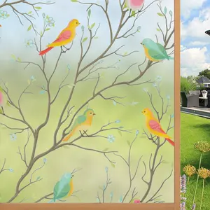 Window Privacy Film Colorful Glass Window Film, No Glue Static Adhesive, Semi-Transparent Bird Pattern Frosted Window Film