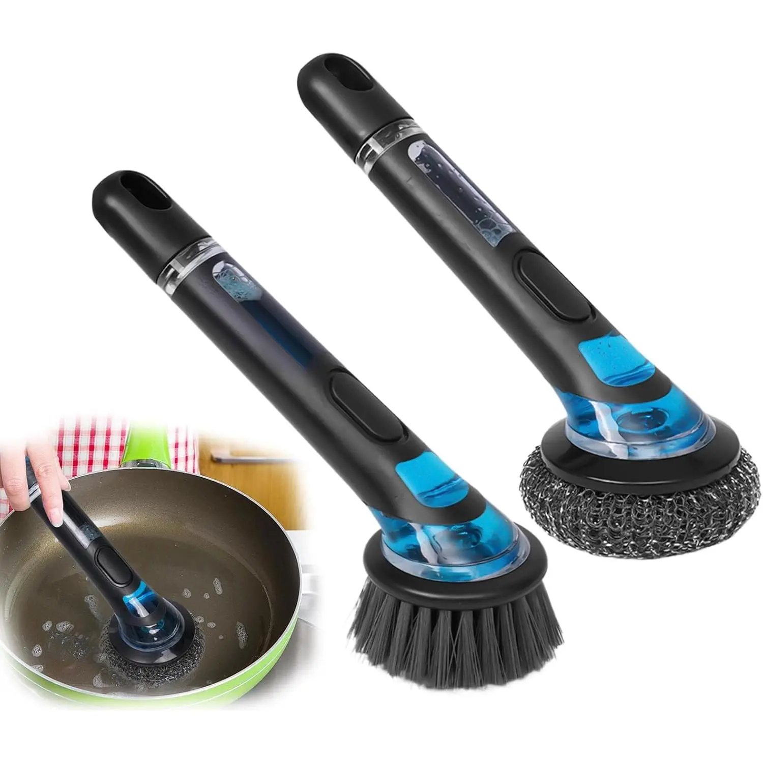 2-Pack Kitchenware Cleaning Brushes with Long Handle, Rubber-Nylon-Plastic Flagged Bristles, Reusable, No Dirty Hands for Sinks, Cookware, Countertops