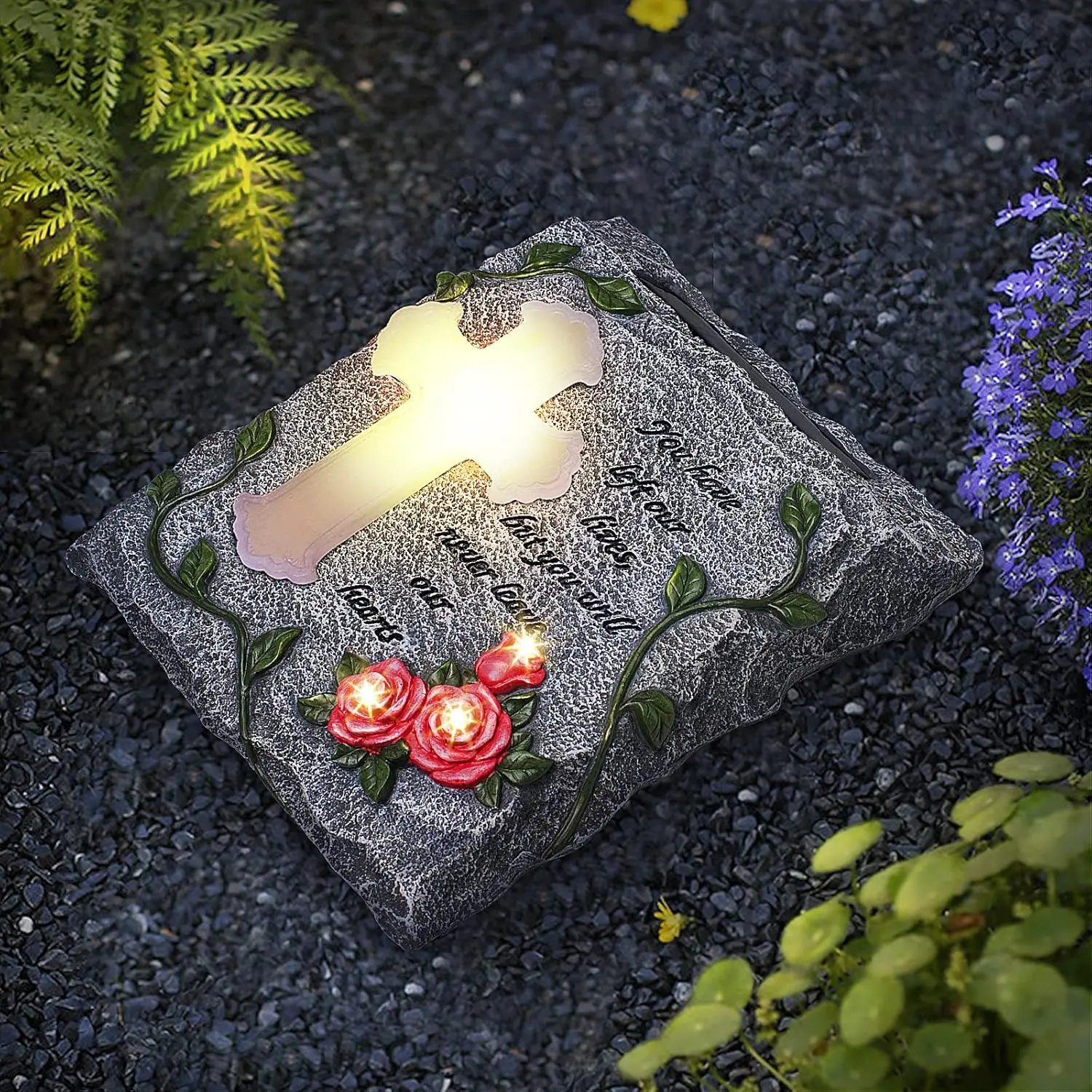 Cross Solar Outdoor Garden Memorial Stepping Stone - 8.5" W, 1.5" D, 10" H, IP65 Water Resistant, Green Vines Garden Statue, Condolence Gift, Suitable for Cemetery, Lawns, 1.5" Deep