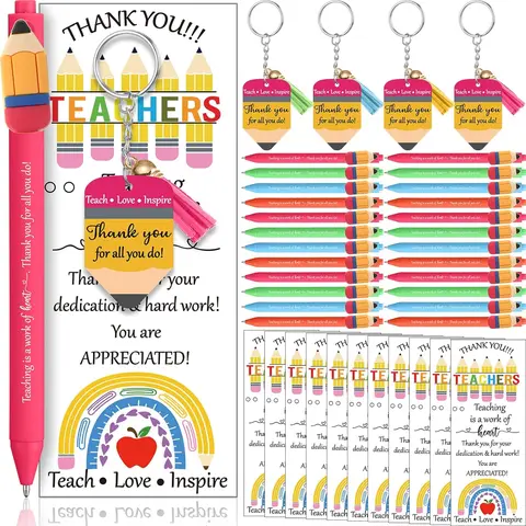 24 Sets Thanksgiving Teacher Appreciation Gifts, Including Apple Ballpoint Pens Chalkboard Thank You Keychain Pencil Inspirational Greeting Card with Ties, Friendsgiving Christmas Gifts Teachers Day End of Year for Coworker Admin Staff Office Supplies