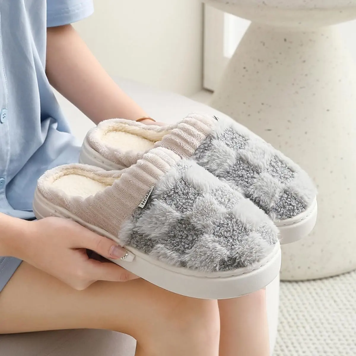 Unisex Checkered Fluffy Slide Slippers - Rubber Thick-Sole Platform House Shoes with Soft-Lined Furry Upper, Warm Cozy Casual Slip-On for Indoor Chilly Days (US Women 10.5-11/Men 9-9.5)