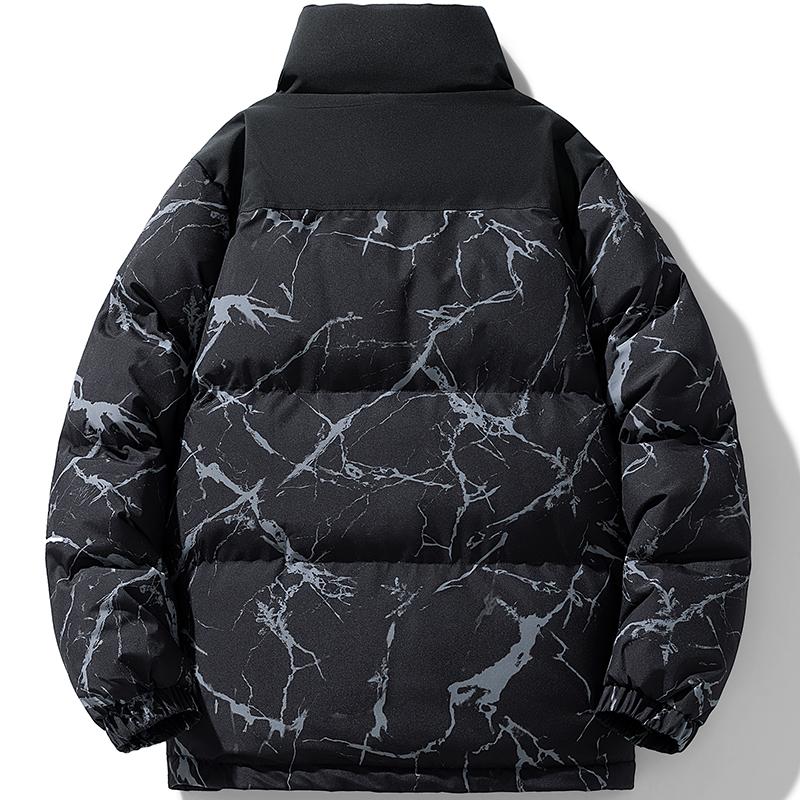 Men's Black Marble Print Stand Collar Puffer Jacket, Stylish Winter Warm Casual Down Coat