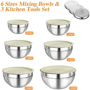 Stainless steel mixing bowls with lids, 6-piece set, including 3 grinding attachments, sealed storage bowls, kitchen baking and cooking food storage bowl set