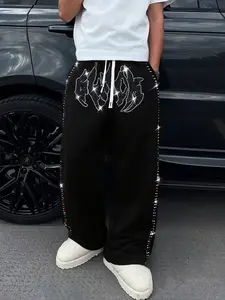 Stylish Streetwear Loose Straight Leg Pants, Rhinestone Design, Fitted Drawstring Waist, Unisex Fashion, Casual All-Season Wear, Casual Streetwear Trousers
