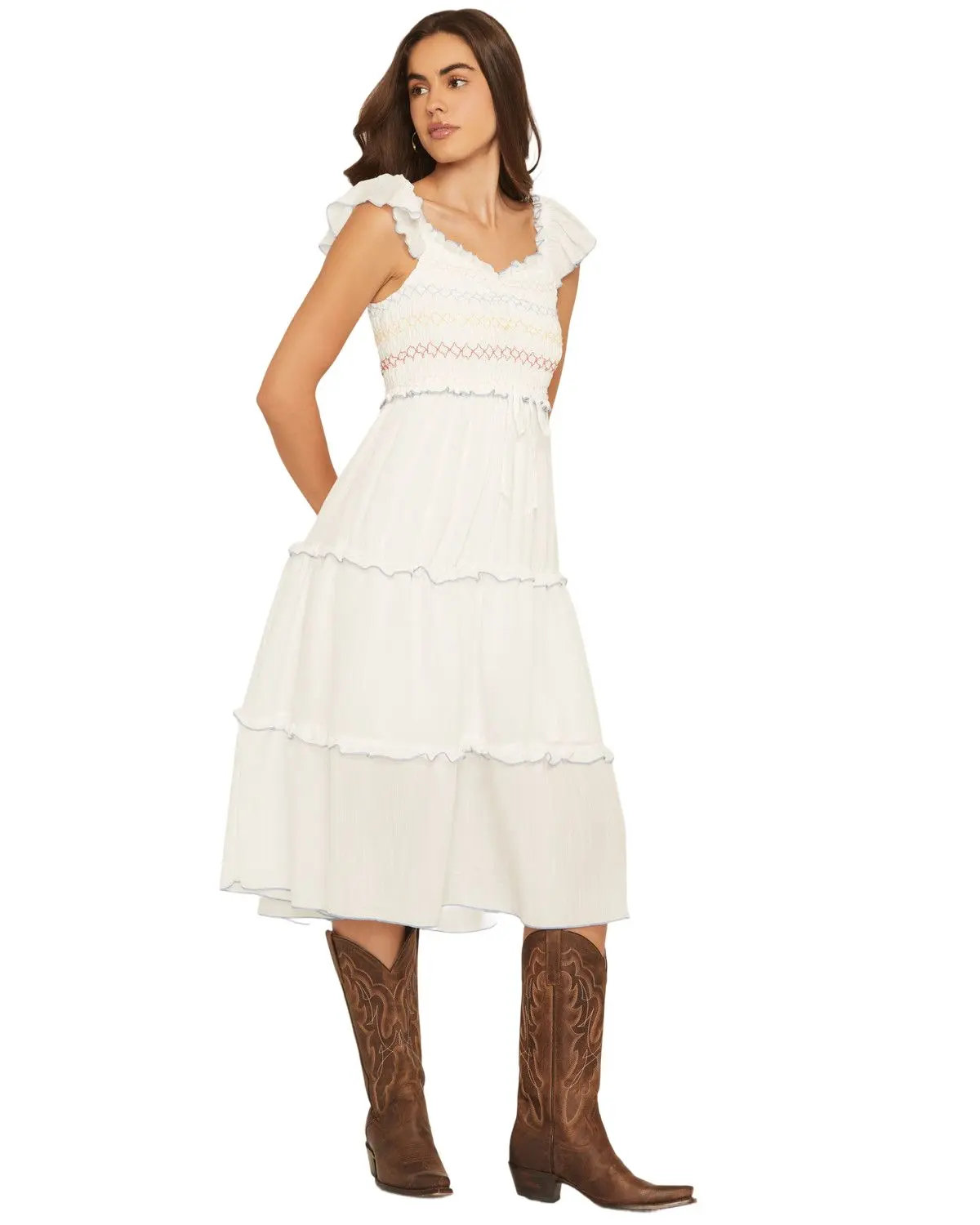 Wild Moss Women's Women'S Smocked Ruffle Sleeve Midi Dress - Ima5451b-4644