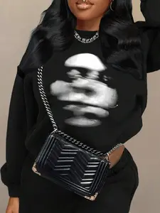 Women's Figure Print Drop Shoulder Sweatshirt, Casual Long Sleeve Round Neck Pullover for Fall & Winter, Women's Clothes for Daily Wear