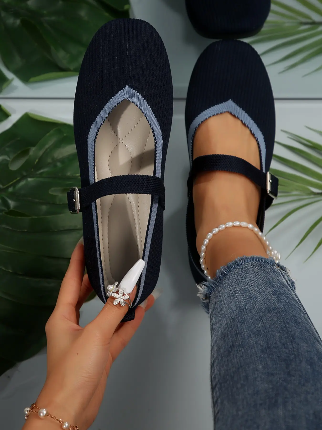 Women's Knitted Mary Jane Flat Shoes, Ballet Flats, Casual Solid Color Design, All-Season Comfortable Footwear, Perfect for Daily Wear, Breathable Knit Flats