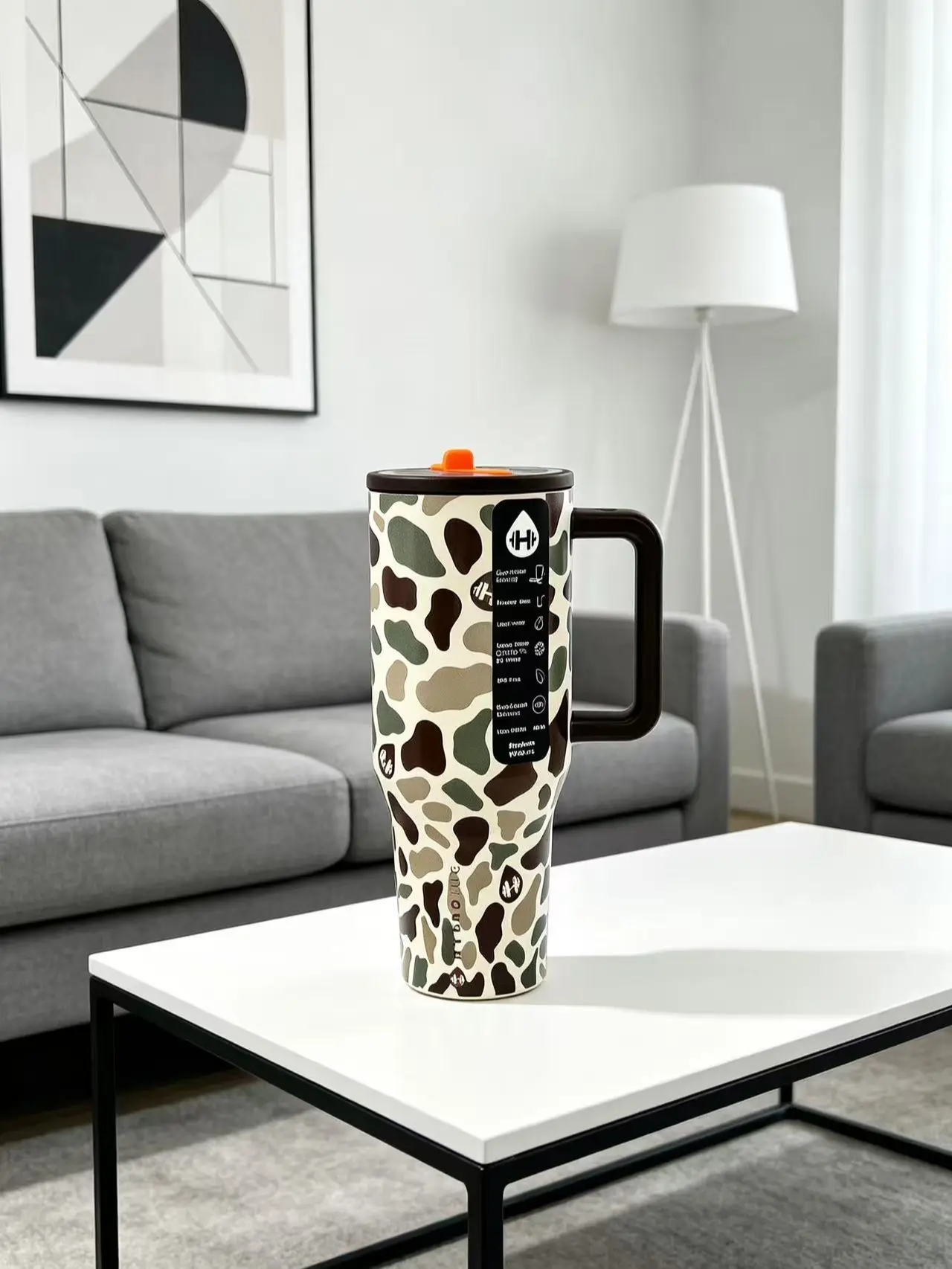 HydroJug 40oz Camo Cow Print Vacuum Insulated Tumbler with Handle & Orange Flip Straw Lid, Stainless Steel Leakproof Insulated Water Bottle, Non-Slip Rubber Base, Cup Holder Friendly for Off-Road Camping Hunting, Insulated Water Bottles