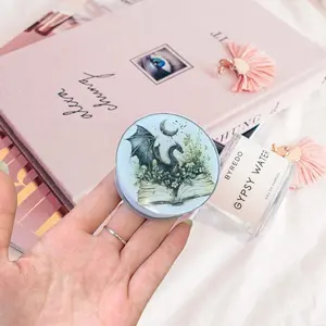 Mystical Dragon and Crescent Moon Open Book Phone Grip Round Acrylic Griptok - Aesthetic Dark Cottagecore Cell Phone Stand Holder, Vintage Gothic Botanical Finger Ring Grip Accessory, Magic Gift for Fantasy Book Lovers