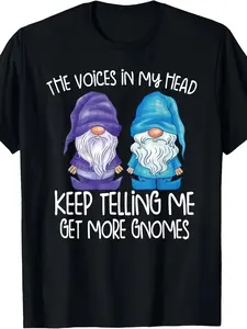 Black Graphic Tee With Cartoon Gnomes & "THE VOICES IN MY HEAD" Text Unisex Vintage Style 100% Cotton Crew Neck Funny Garden Gnome Apparel Summer Outfits Medium Size