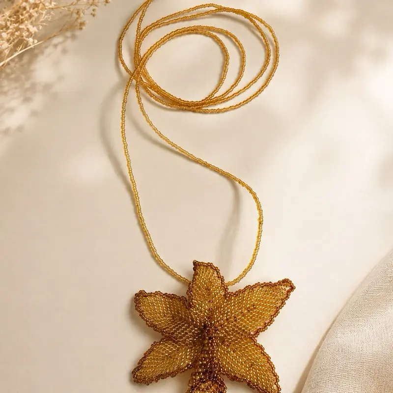 Handmade Orchid Beaded Necklace – Elegant Seed Bead Flower Pendant Jewelry