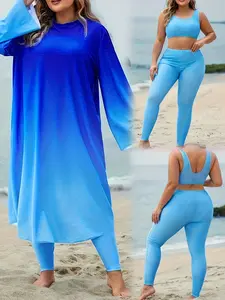 Plus Size Women's Loose Fit Gradient Print Long Sleeve Hooded Dress with Matching Pants, Fashionable Conservative Swimsuit Set, Tankini Swimsuits Women