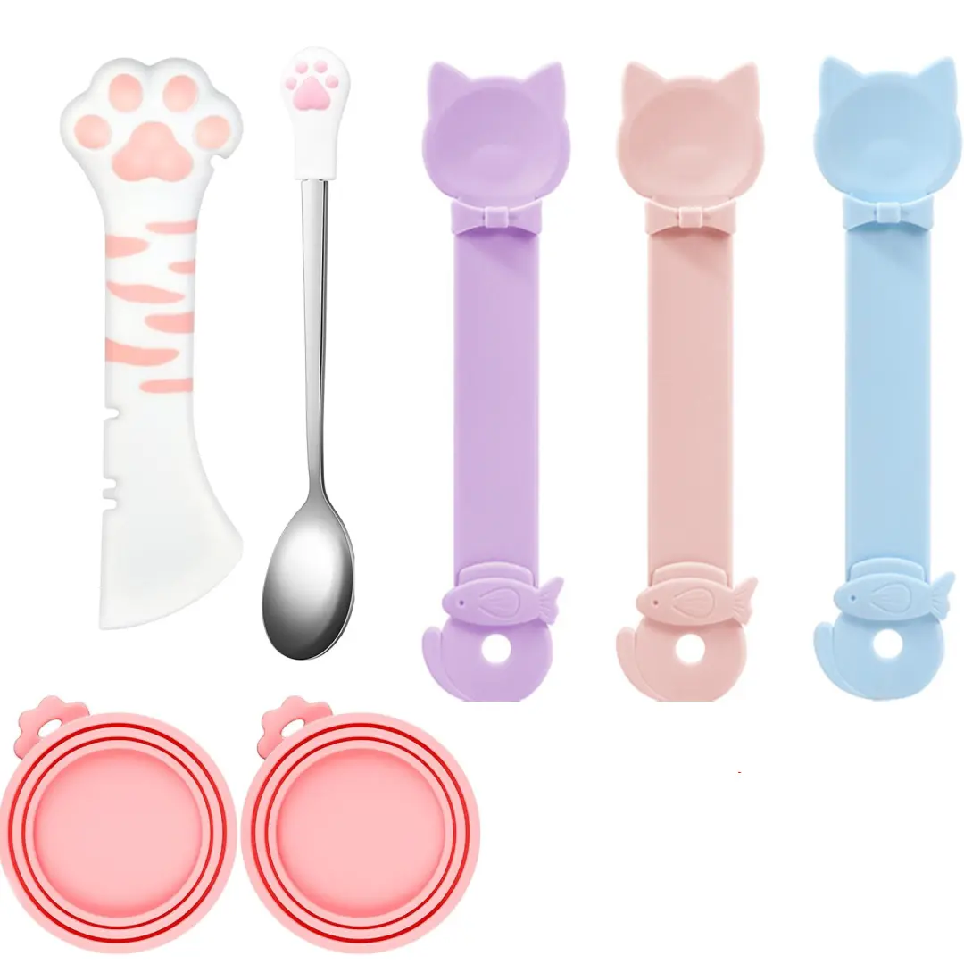 Pack of 7 Cat Food Can Covers Lids Set, Silicone Pet Food Can Lids with Multi-Function Cat Food Spoon and Opener, Cat Bar Squeezer, Stainless Steel Wet Food Spoon for Cats and Dogs