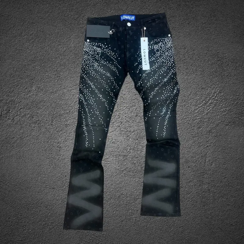 Men’s Black Rhinestone Flare Jeans Streetwear Designer Denim